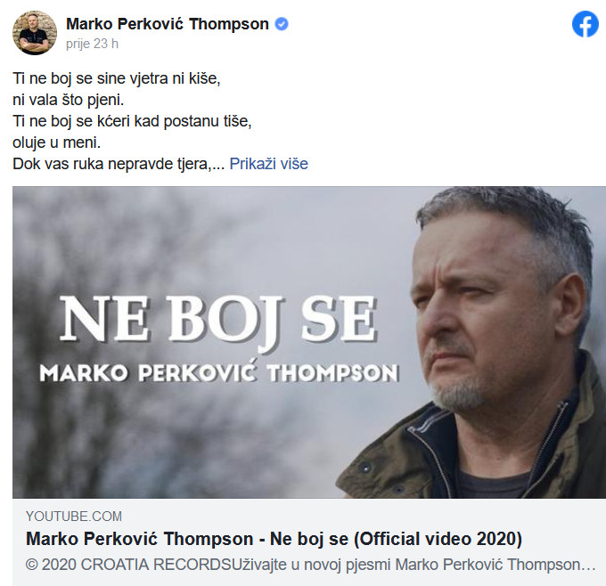 Na službenoj Thompsonovoj stranici osvanuli stihovi pjesme 'Ne boj se'